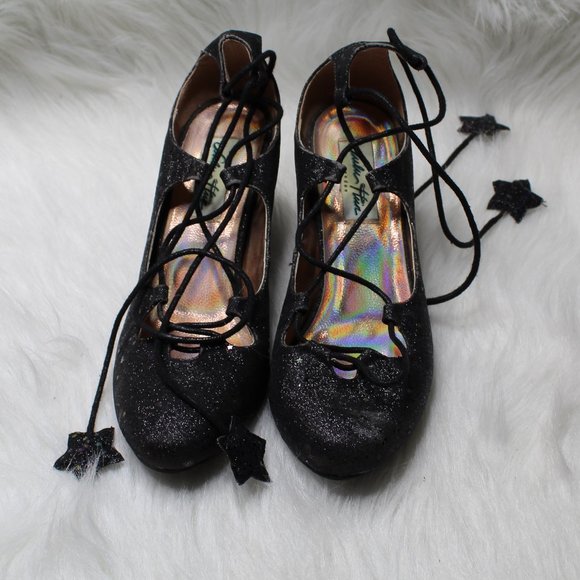 Lulu Hun Black Lace Up Sparkle Iridescent Star Block Heel Size 5 - Picture 2 of 15